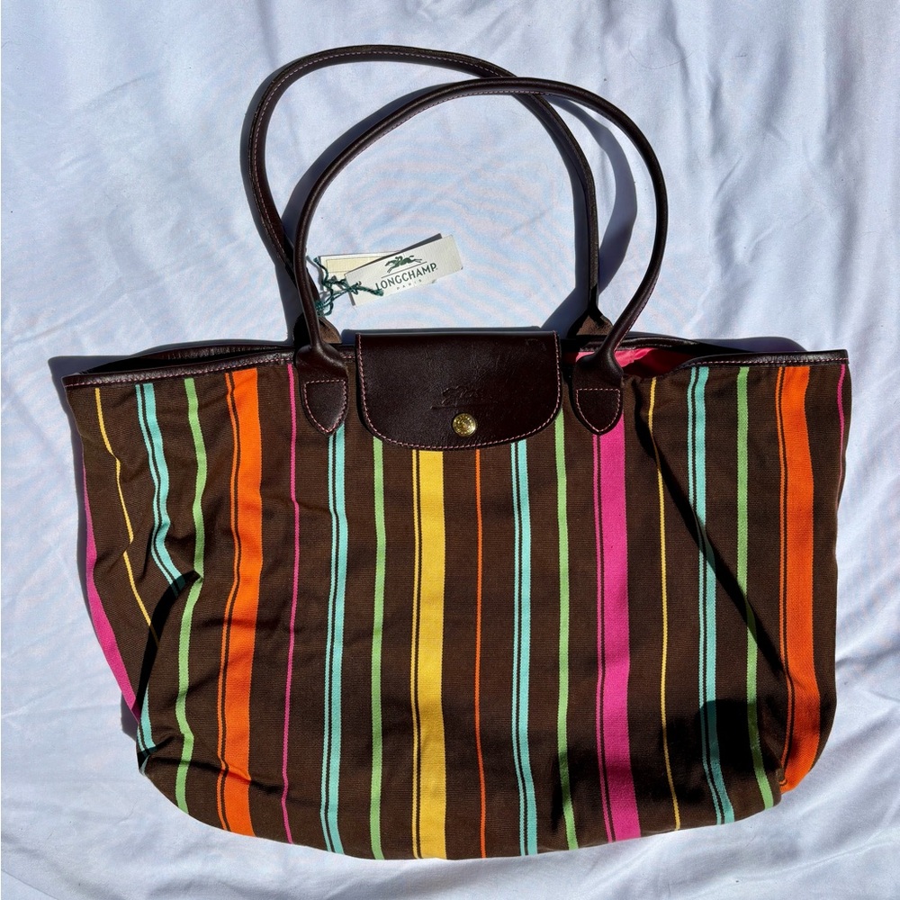Longchamp Brown Striped Tote Bag